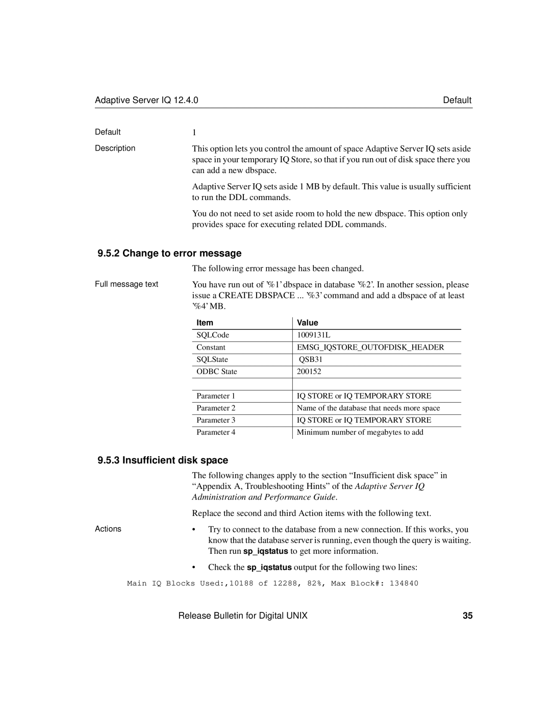 Sybase IQ 12.4.0 installation instructions Change to error message, Insufficient disk space 