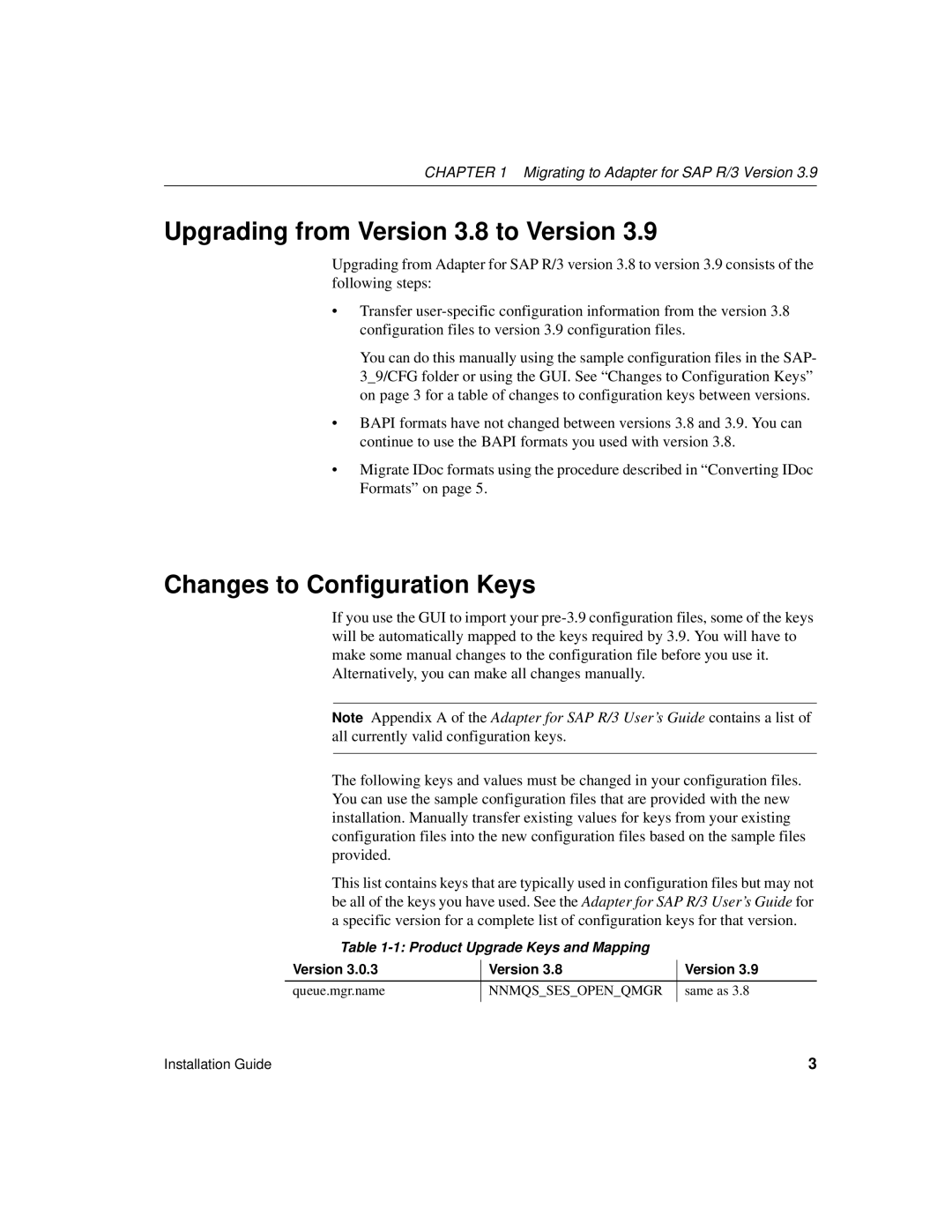 Sybase Upgrading from Version 3.8 to Version, Changes to Configuration Keys, Migrating to Adapter for SAP R/3 Version 