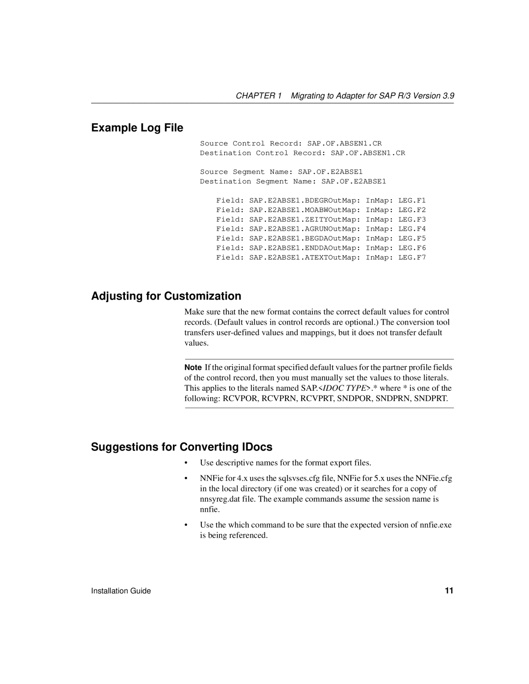 Sybase R/3 manual Example Log File, Adjusting for Customization, Suggestions for Converting IDocs 