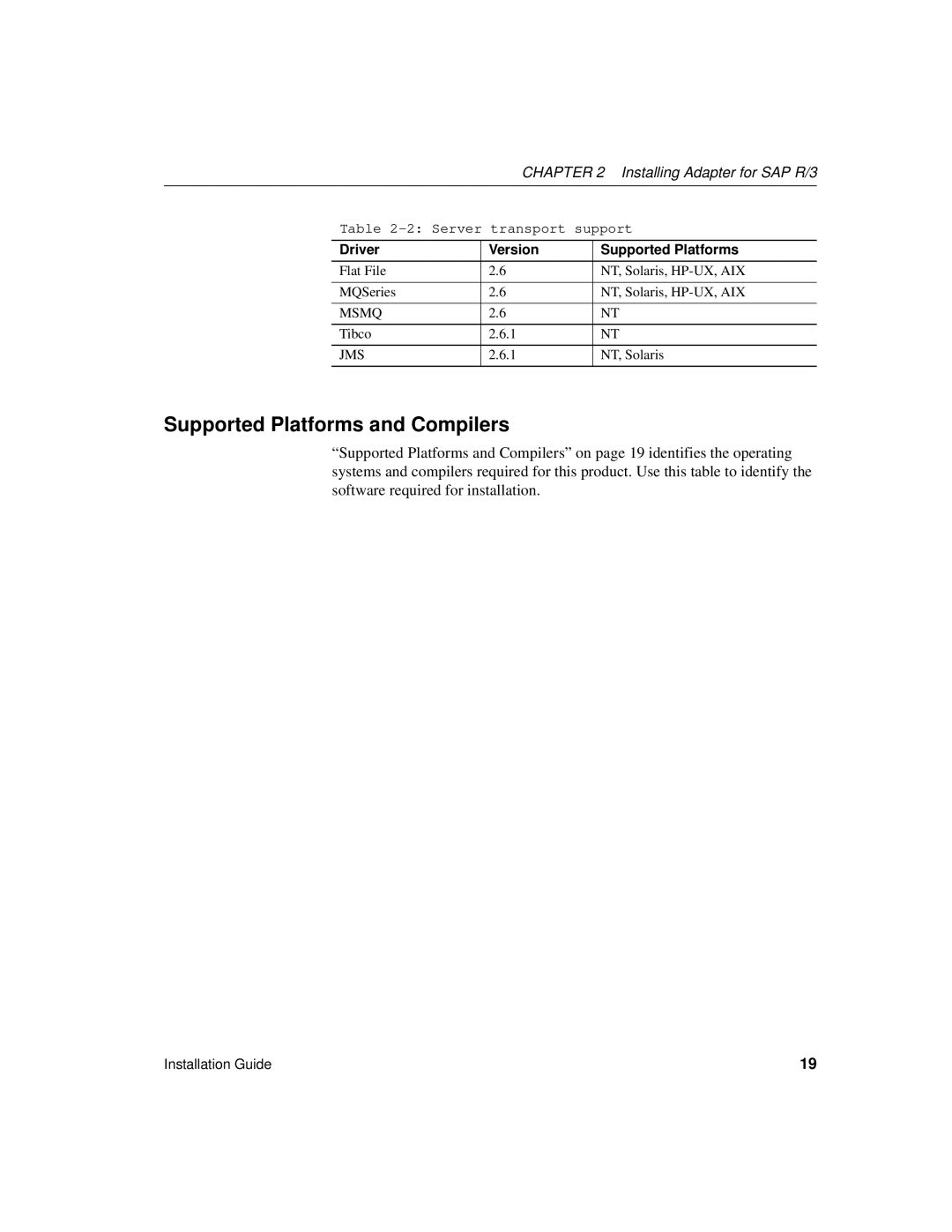 Sybase manual Supported Platforms and Compilers, Installing Adapter for SAP R/3 