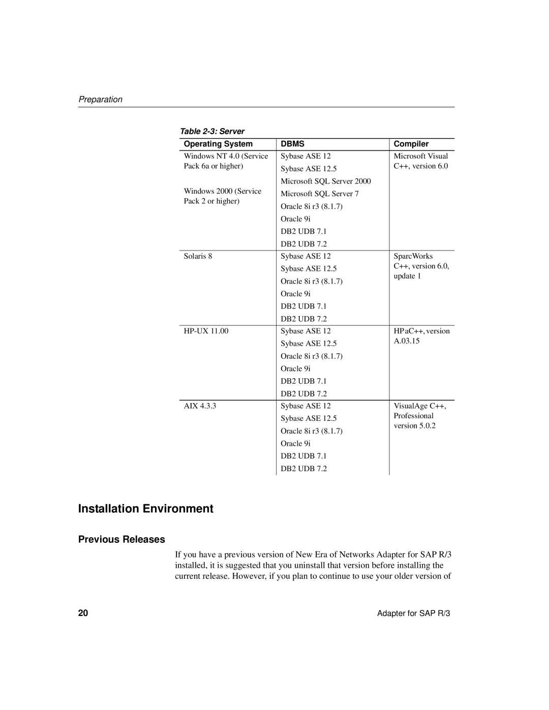 Sybase R/3 manual Installation Environment, Server 