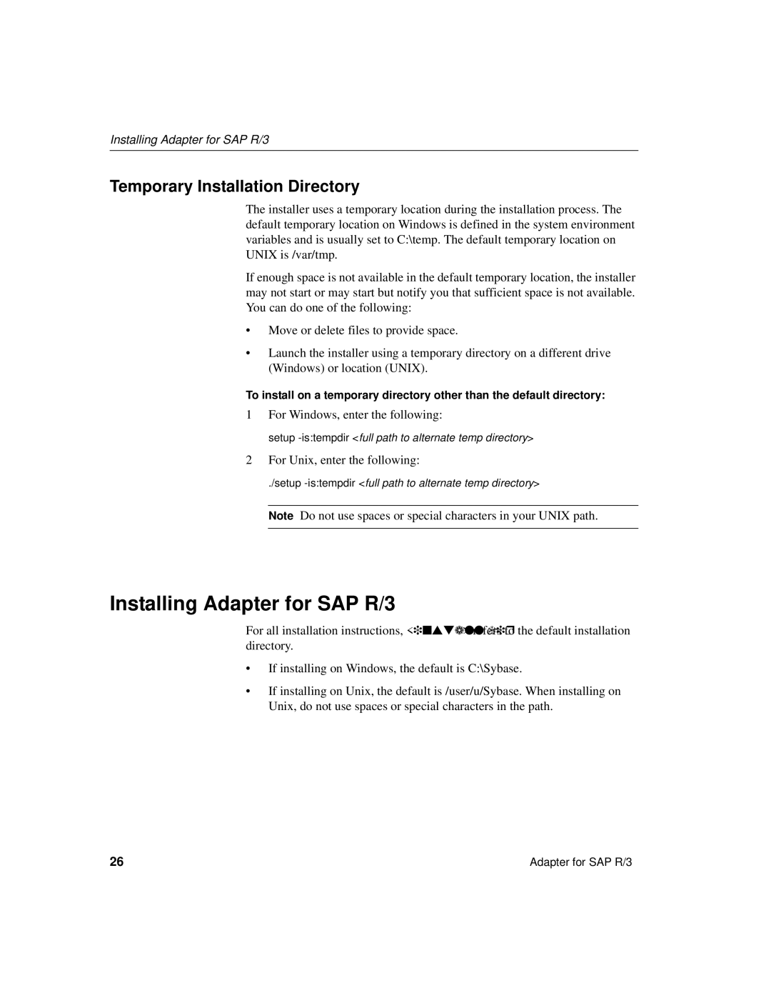 Sybase manual Installing Adapter for SAP R/3, Temporary Installation Directory 