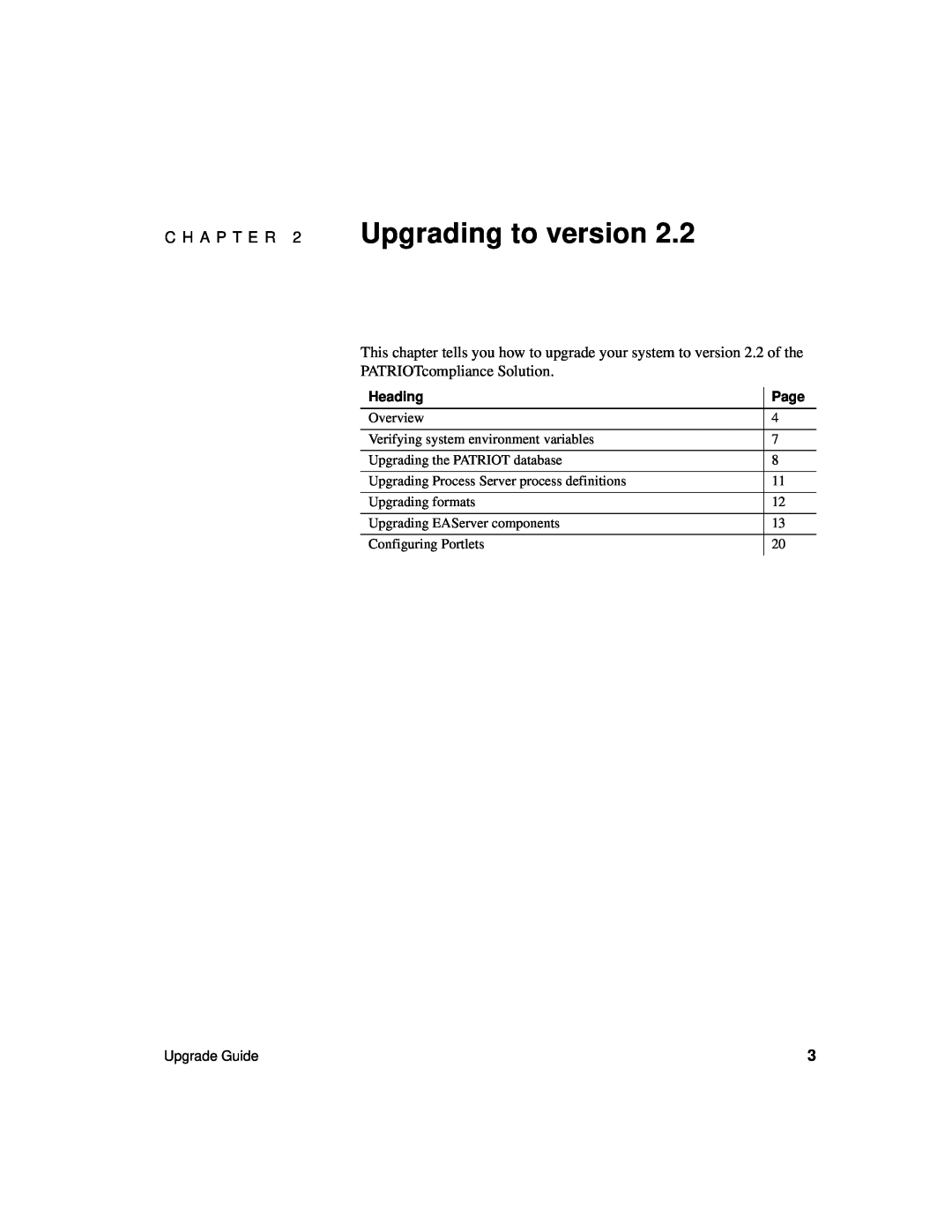 Sybase Version 2.2 manual C H A P T E R 2 Upgrading to version, PATRIOTcompliance Solution, Heading, Page 