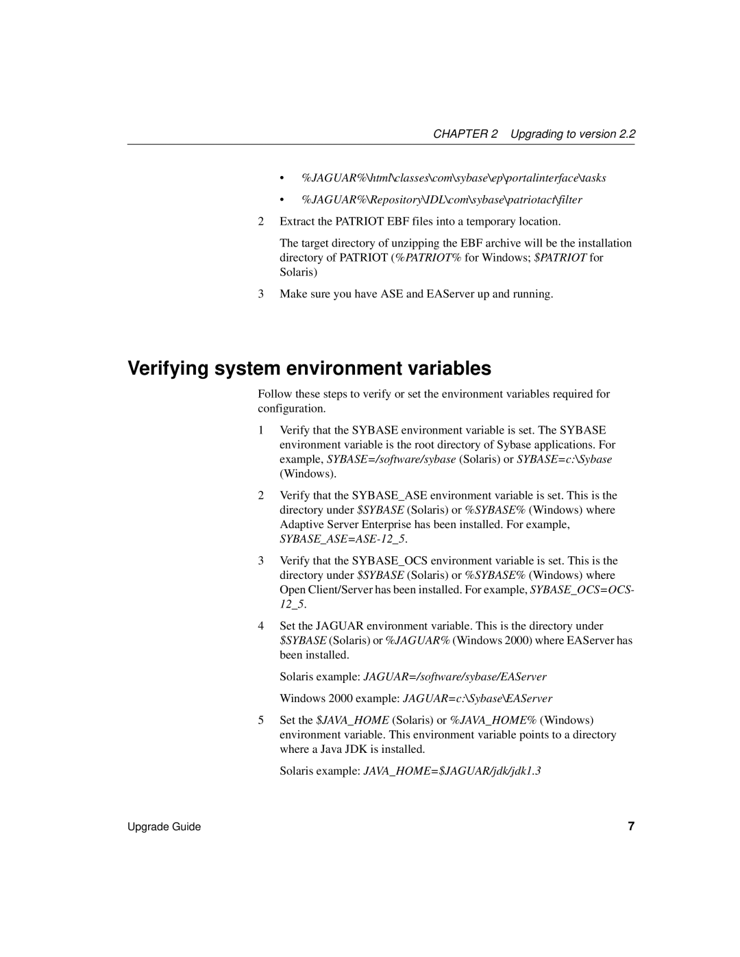 Sybase Version 2.2 manual Verifying system environment variables, Solaris example JAVAHOME=$JAGUAR/jdk/jdk1.3 