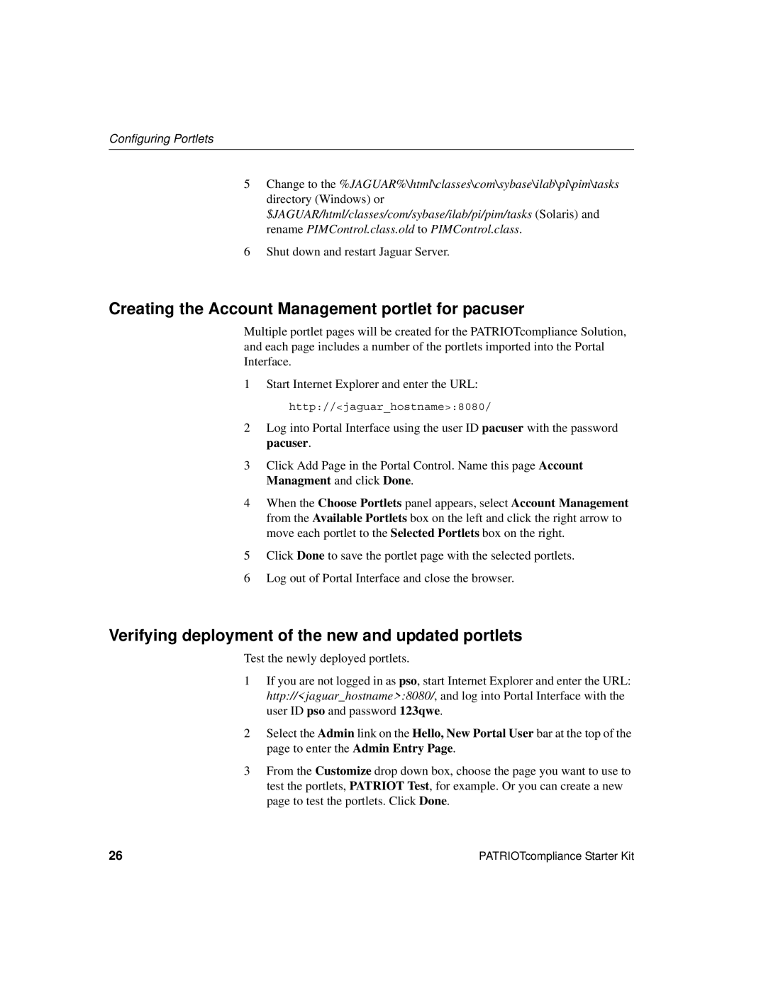 Sybase Version 2.2 manual Creating the Account Management portlet for pacuser 