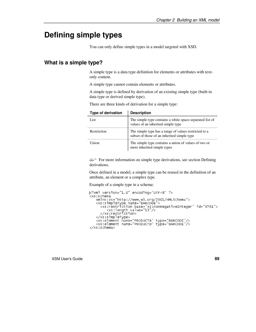 Sybase XML manual Defining simple types, What is a simple type?, Type of derivation Description 