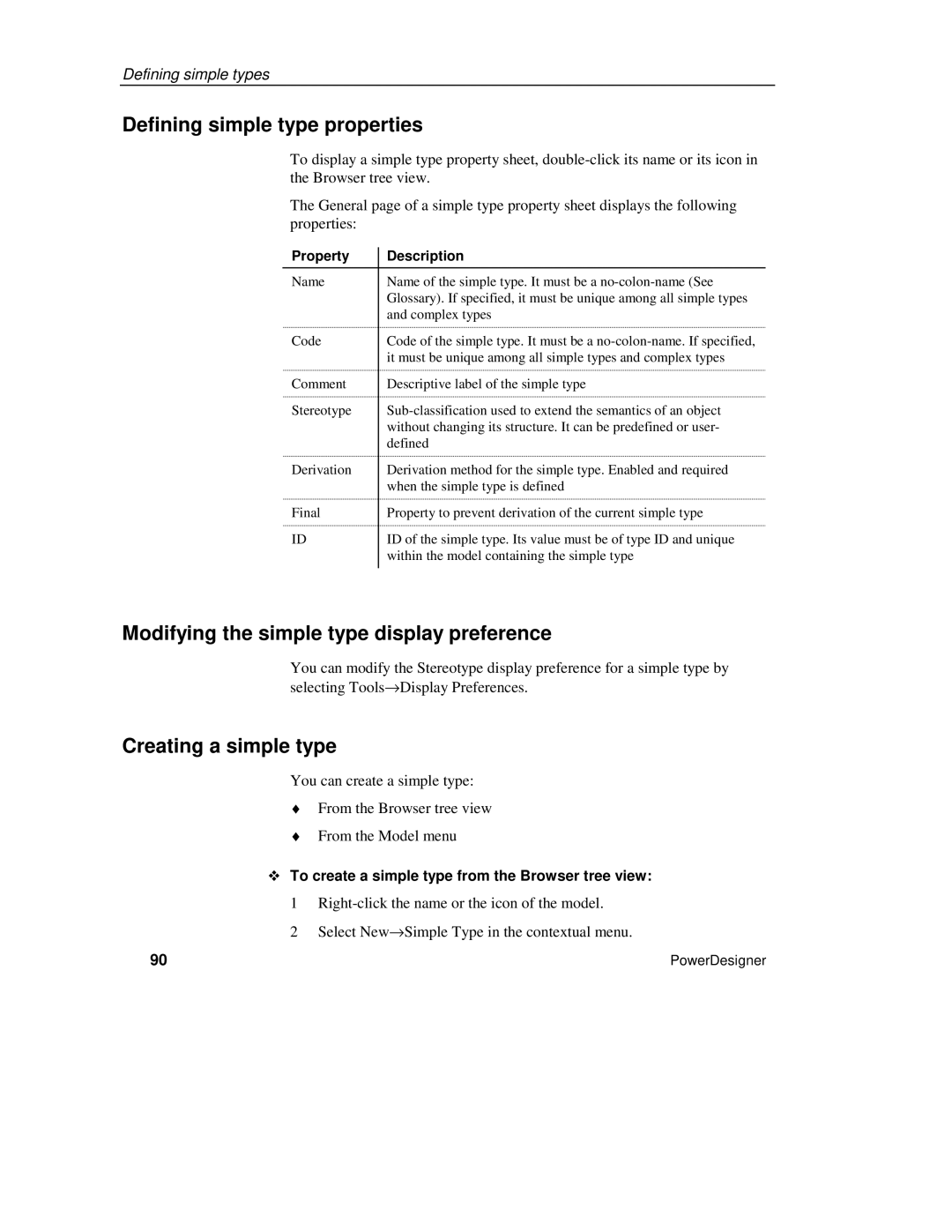 Sybase XML manual Defining simple type properties, Modifying the simple type display preference, Creating a simple type 