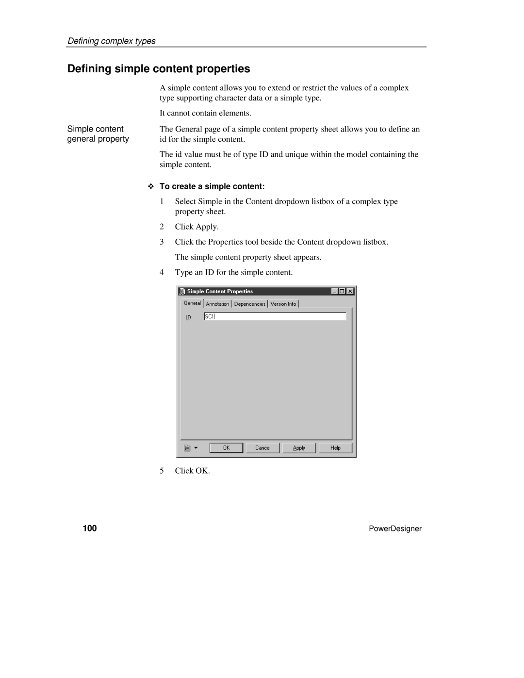 Sybase XML manual Defining simple content properties, Simple content, General property, ™ To create a simple content, 100 