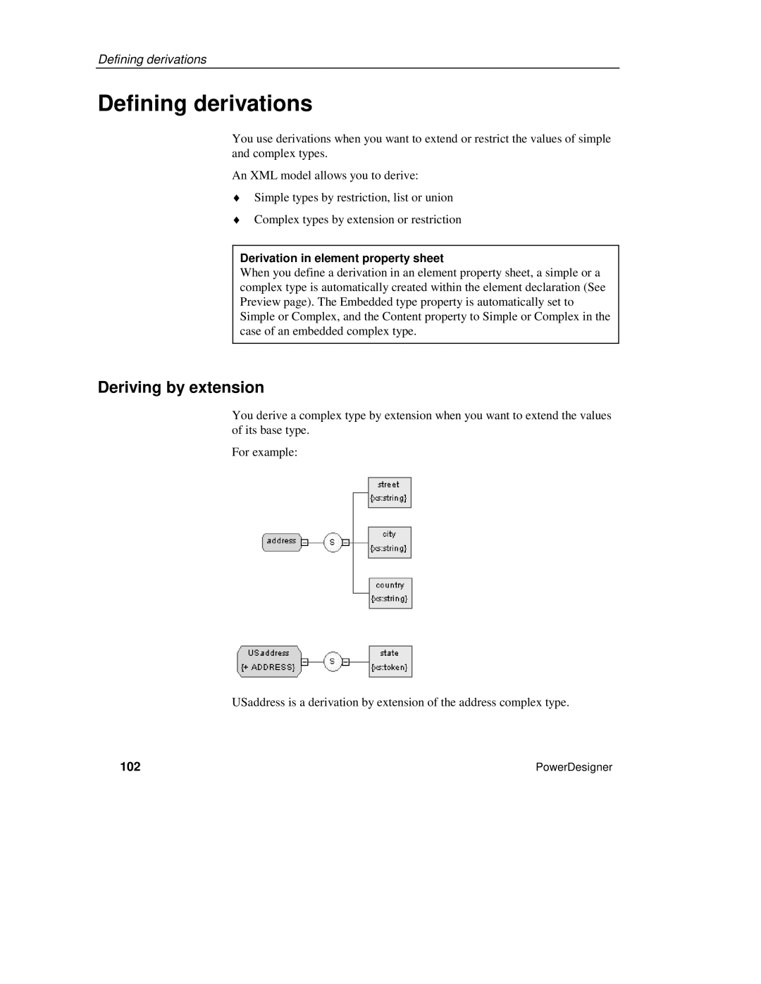 Sybase XML manual Defining derivations, Deriving by extension, Derivation in element property sheet, 102 