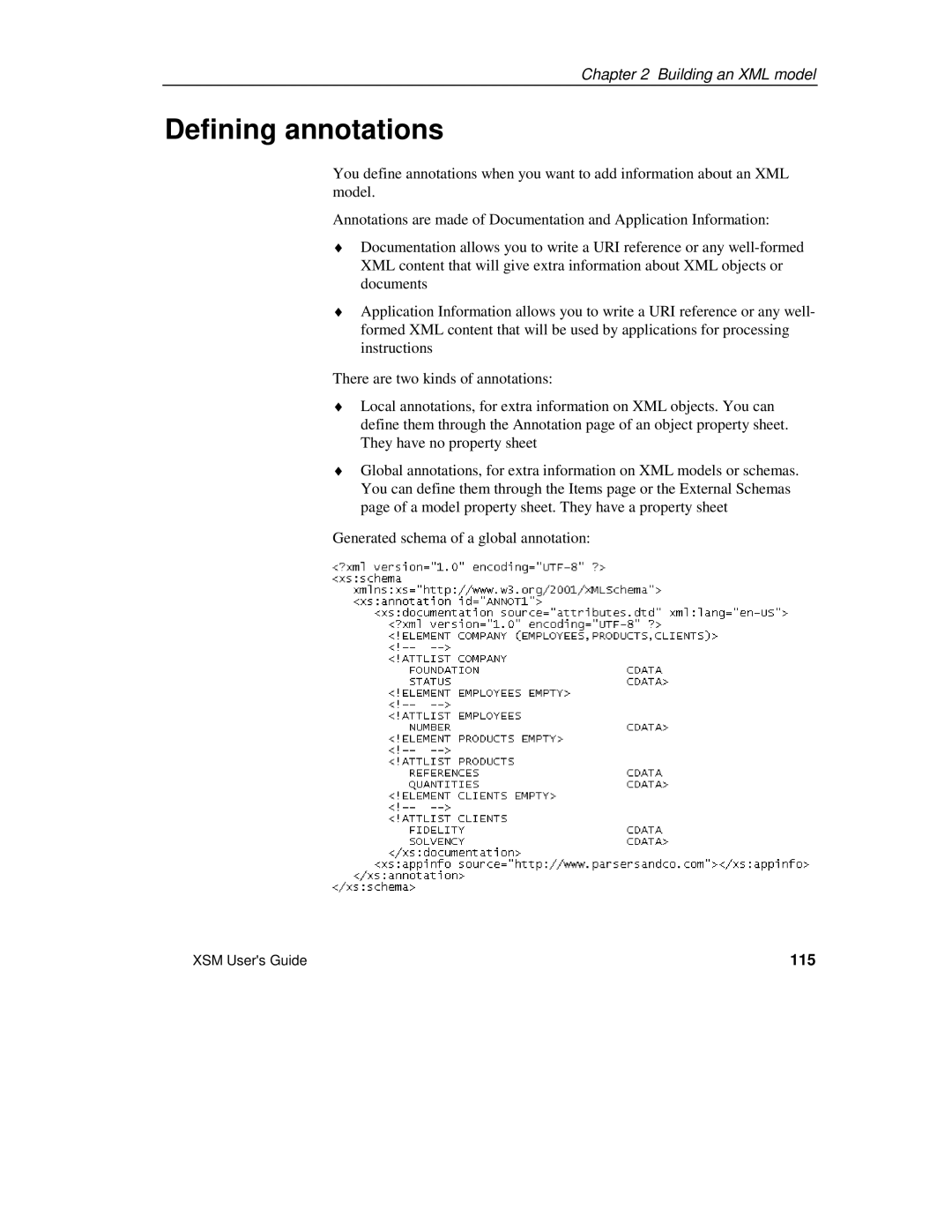 Sybase XML manual Defining annotations, 115 