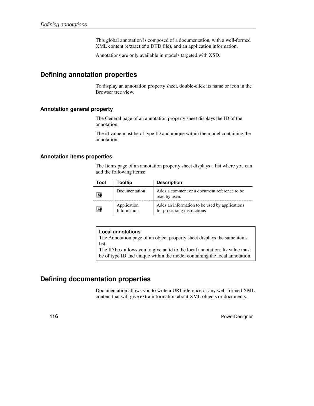 Sybase XML manual Defining annotation properties, Defining documentation properties, Annotation general property 