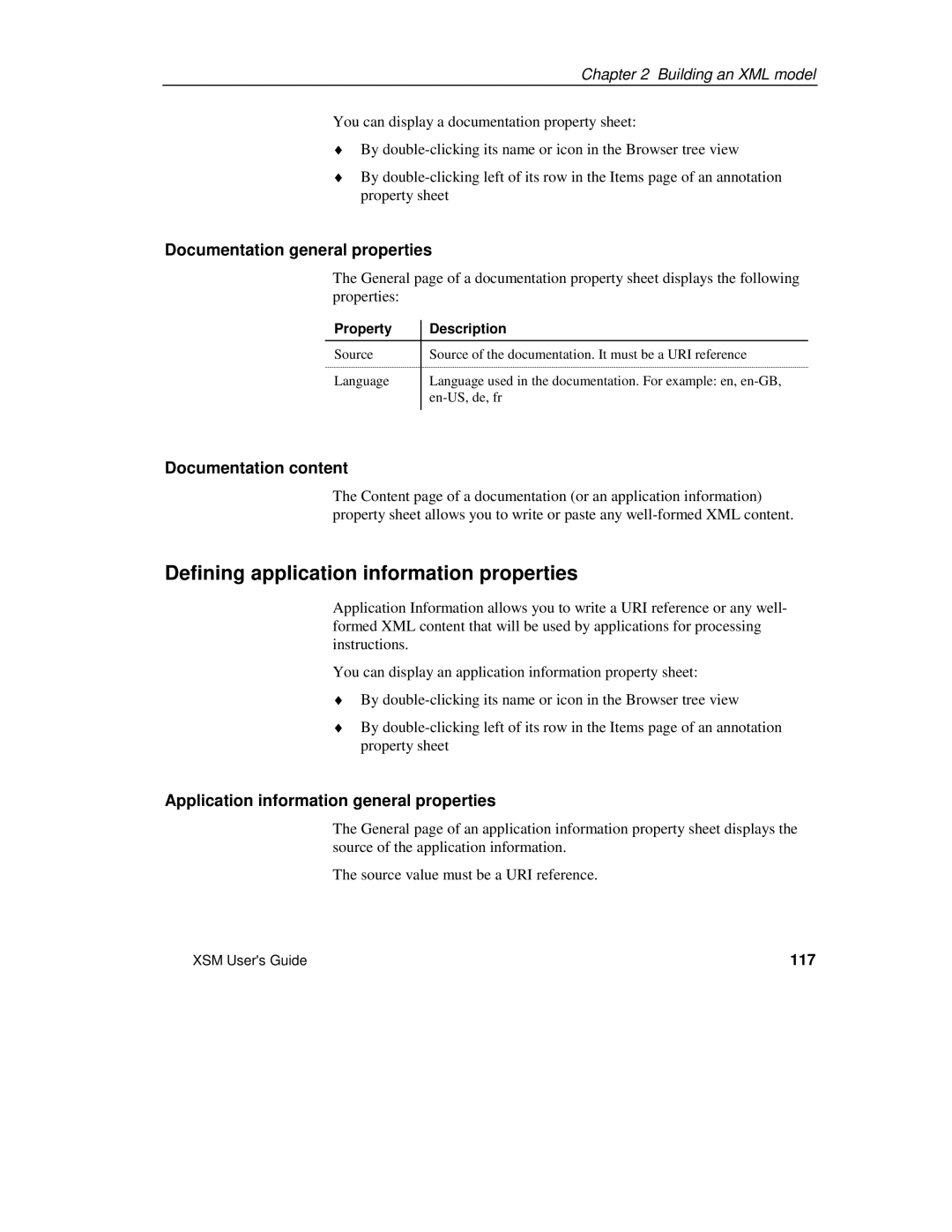 Sybase XML manual Defining application information properties, Documentation general properties, Documentation content, 117 