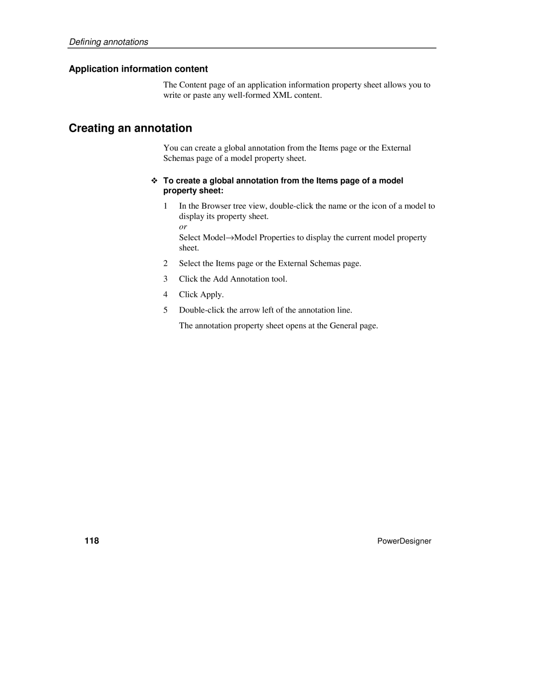 Sybase XML manual Creating an annotation, Application information content, 118 