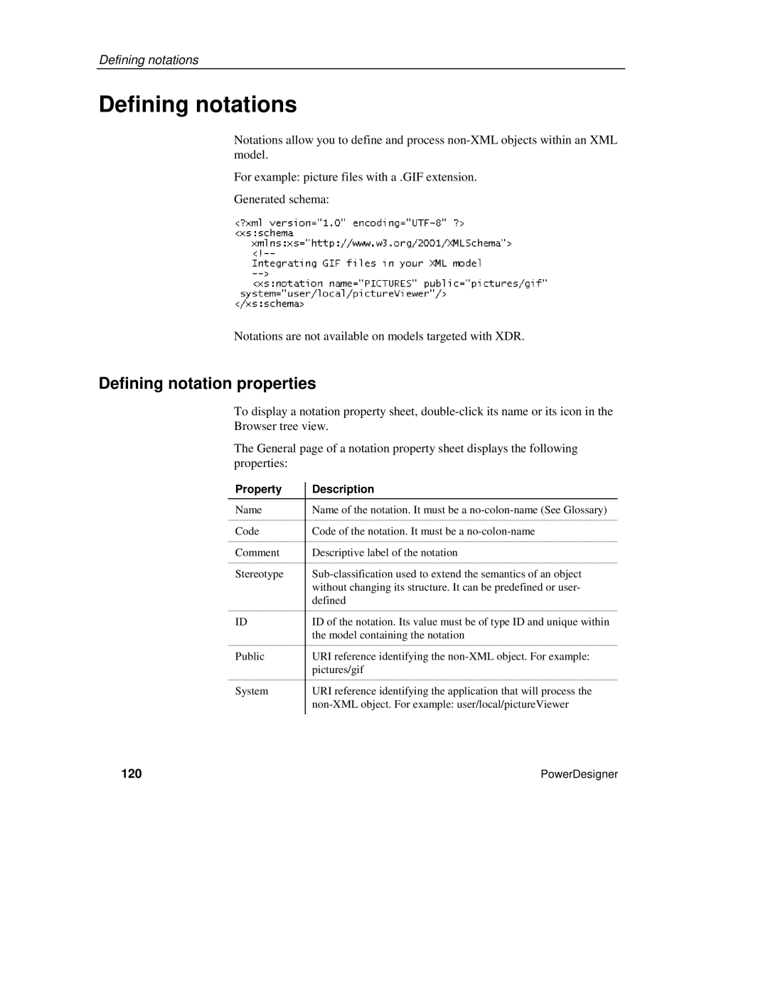 Sybase XML manual Defining notations, Defining notation properties, 120 