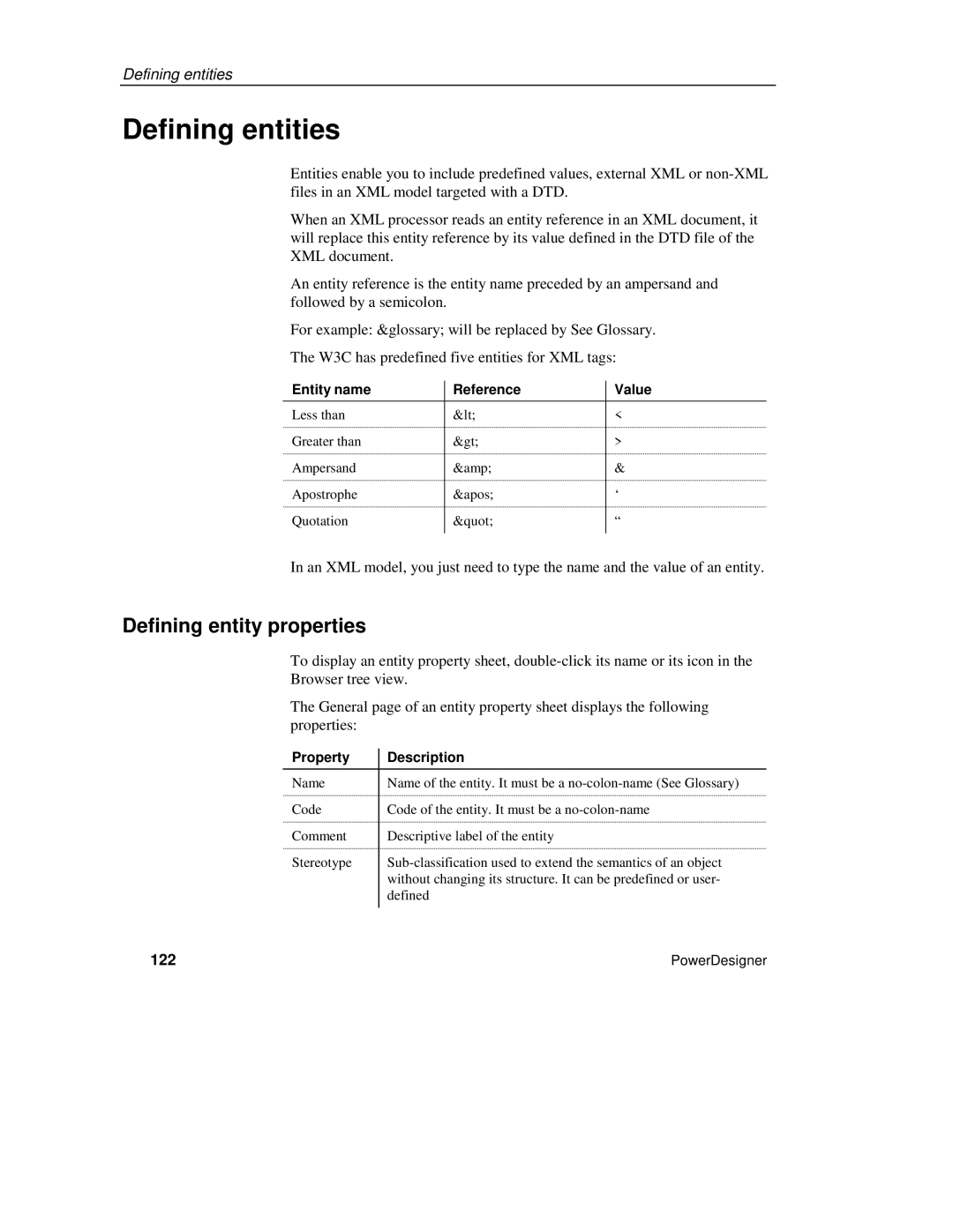 Sybase XML manual Defining entities, Defining entity properties, 122, Entity name Reference Value 