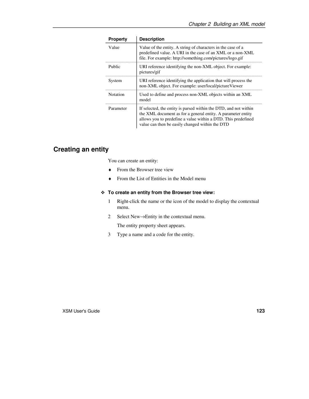 Sybase XML manual Creating an entity, ™ To create an entity from the Browser tree view, 123 