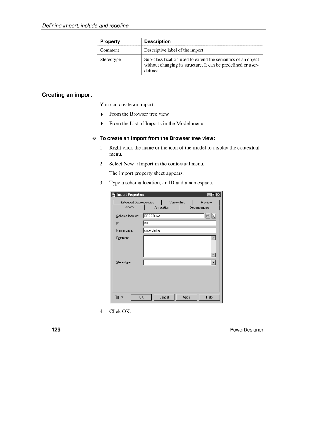 Sybase XML manual Creating an import, ™ To create an import from the Browser tree view, 126 