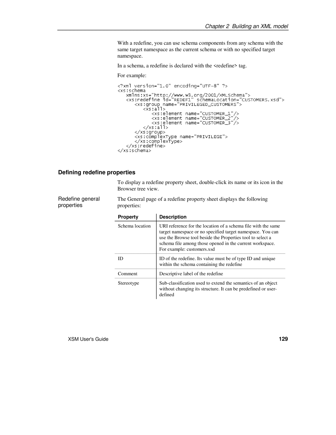 Sybase XML manual Defining redefine properties, Redefine general, 129 