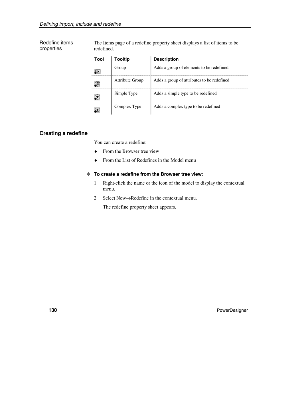 Sybase XML manual Creating a redefine, Redefine items, ™ To create a redefine from the Browser tree view, 130 