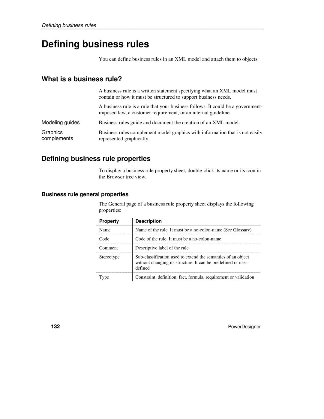 Sybase XML manual Defining business rules, What is a business rule?, Defining business rule properties, 132 