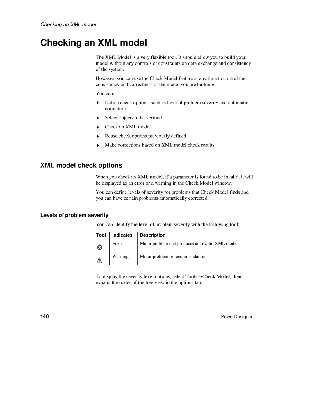 Sybase Checking an XML model, XML model check options, Levels of problem severity, 140, Tool Indicates Description 