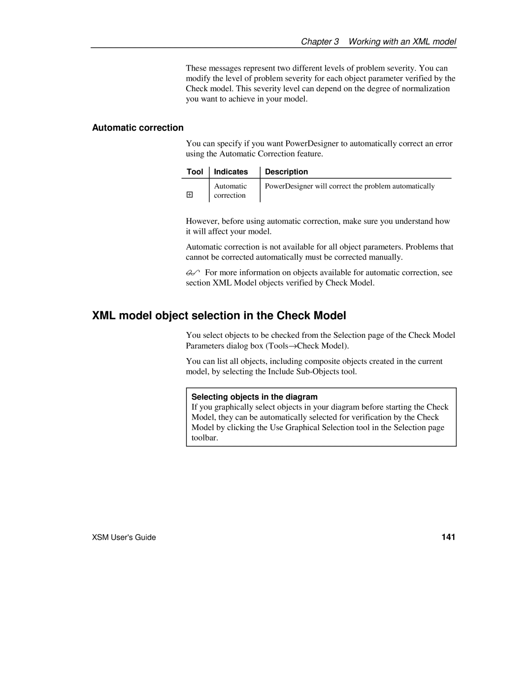 Sybase manual XML model object selection in the Check Model, Automatic correction, Selecting objects in the diagram, 141 