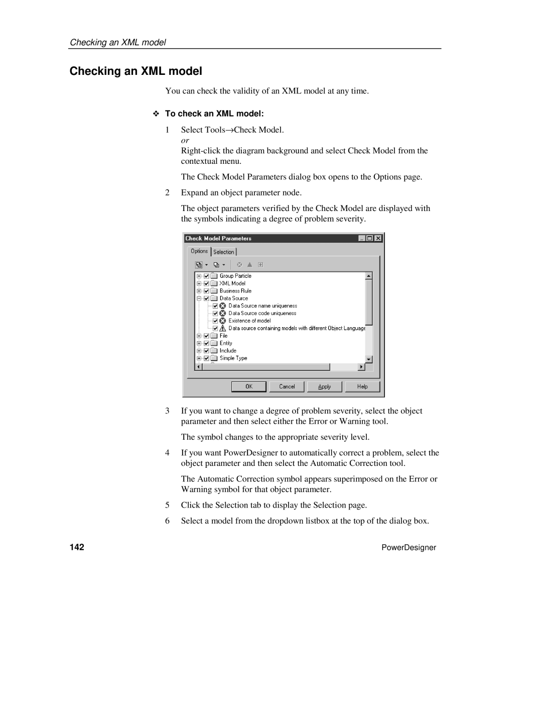 Sybase manual Checking an XML model, ™ To check an XML model, 142 