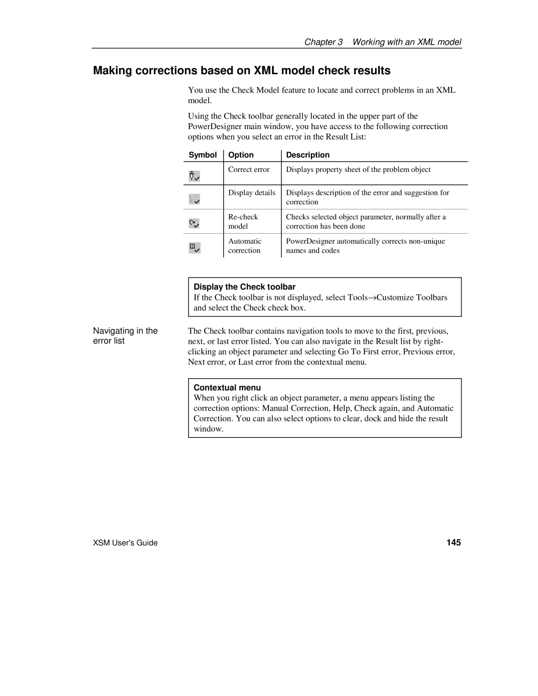 Sybase manual Making corrections based on XML model check results, Display the Check toolbar, Contextual menu, 145 