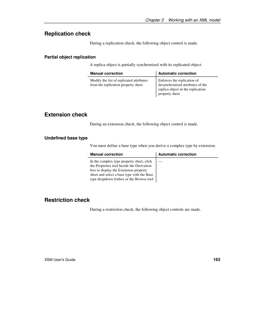 Sybase XML manual Replication check, Extension check, Restriction check, Partial object replication, Undefined base type 