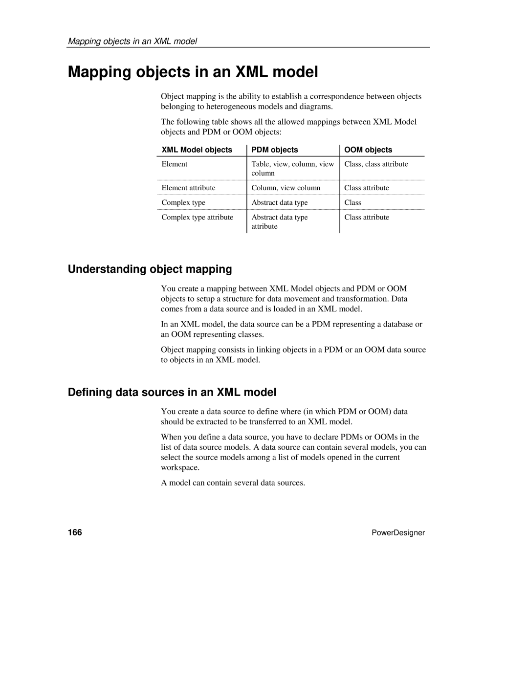 Sybase manual Mapping objects in an XML model, Understanding object mapping, Defining data sources in an XML model, 166 