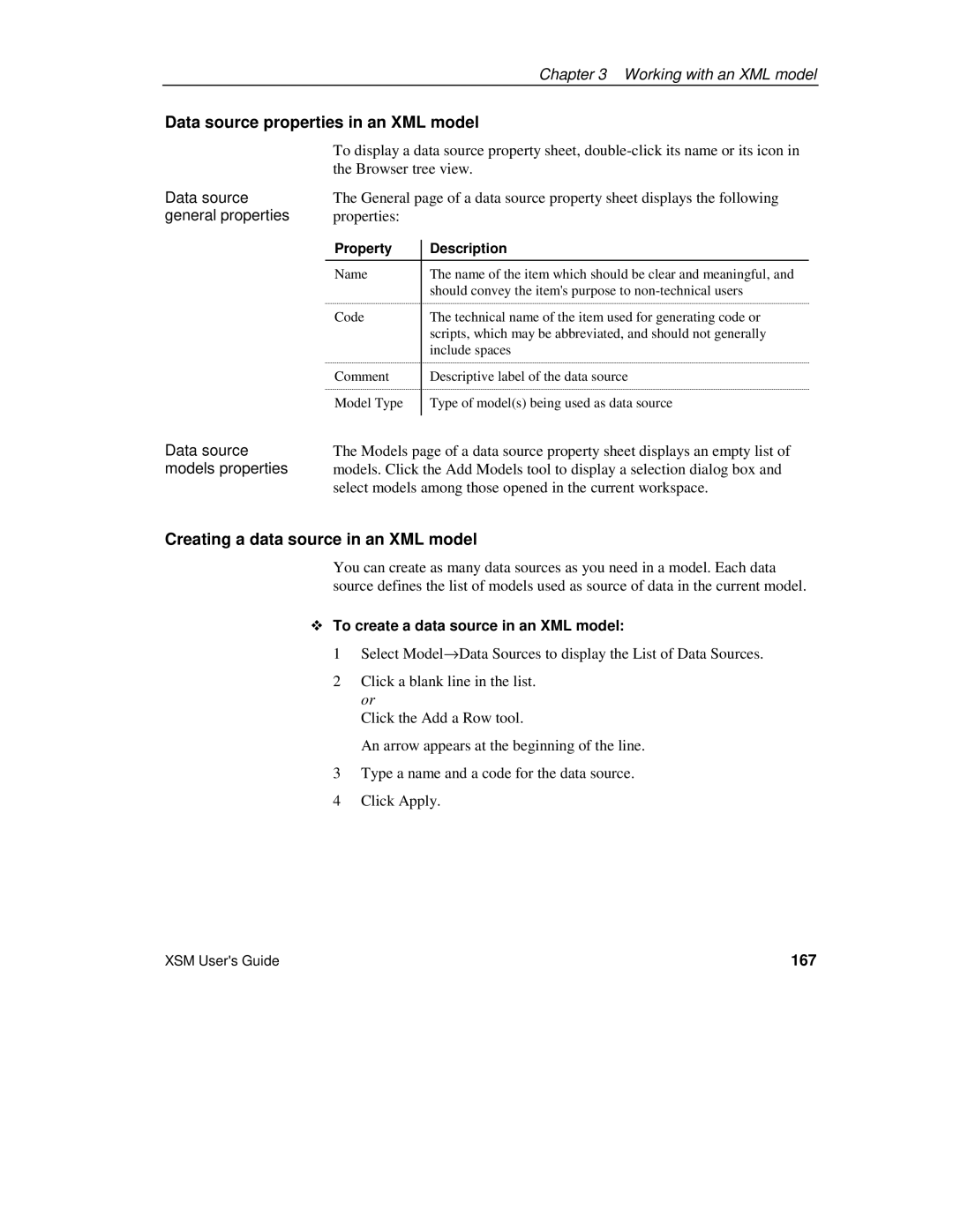 Sybase manual Data source properties in an XML model, Creating a data source in an XML model, 167 