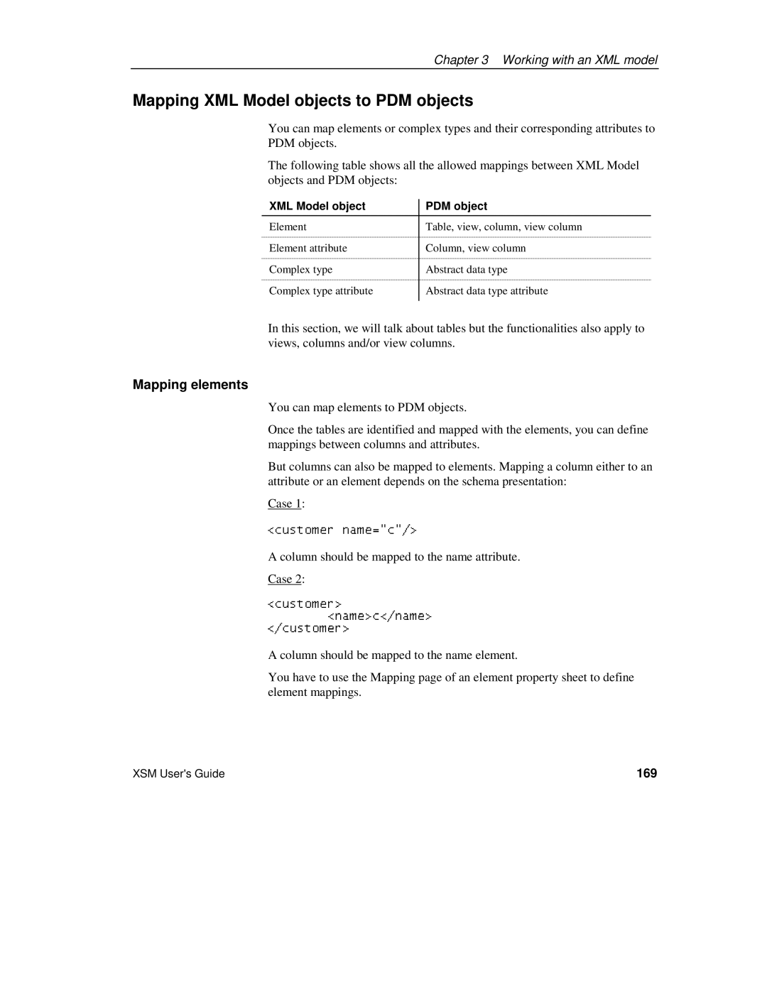 Sybase manual Mapping XML Model objects to PDM objects, Mapping elements, 169, XML Model object PDM object 