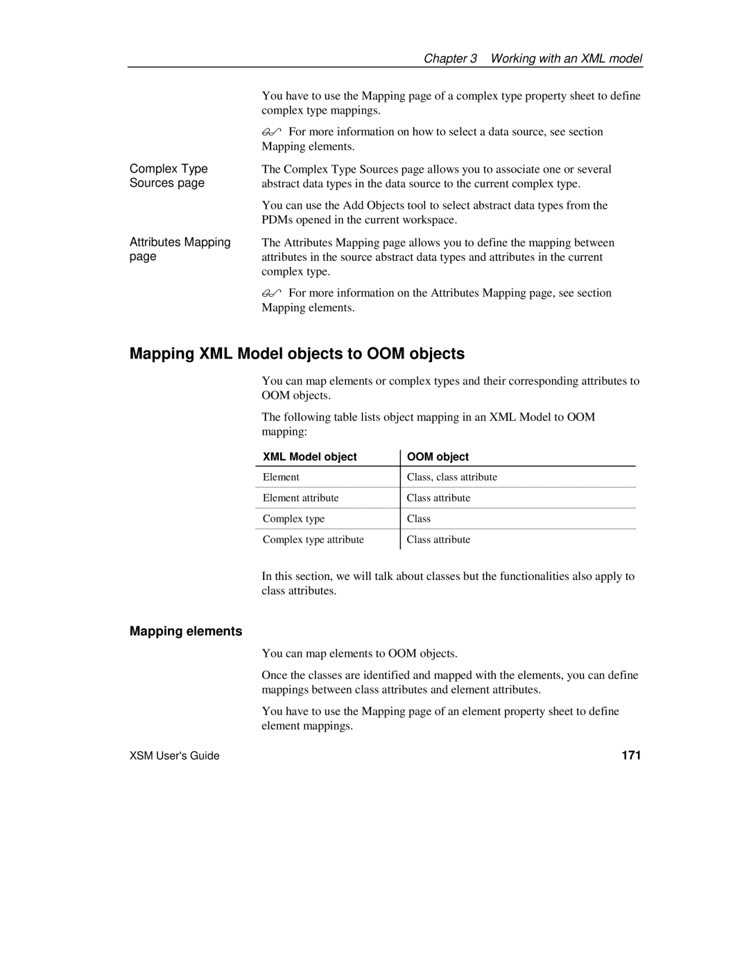 Sybase manual Mapping XML Model objects to OOM objects, 171, XML Model object OOM object 