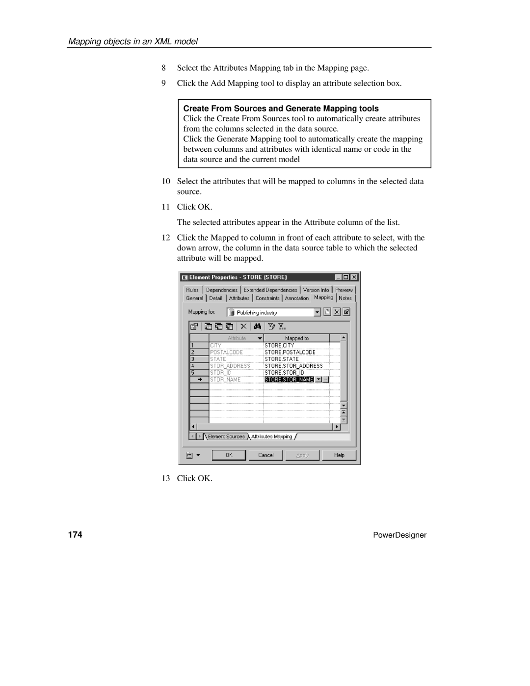 Sybase XML manual Create From Sources and Generate Mapping tools, 174 