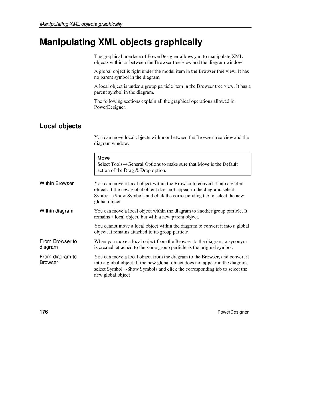 Sybase manual Manipulating XML objects graphically, Local objects, Move, 176 