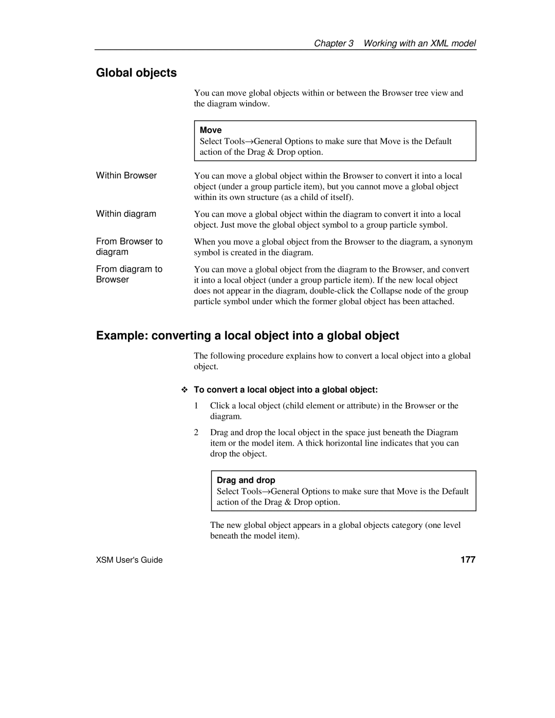 Sybase XML manual Global objects, Example converting a local object into a global object, Drag and drop, 177 