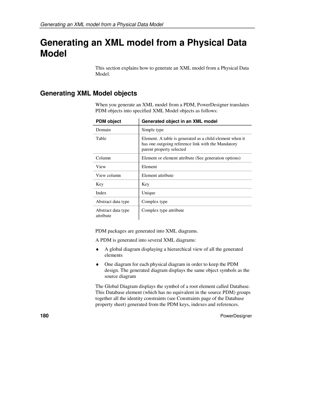 Sybase manual Generating an XML model from a Physical Data Model, Generating XML Model objects, 180 