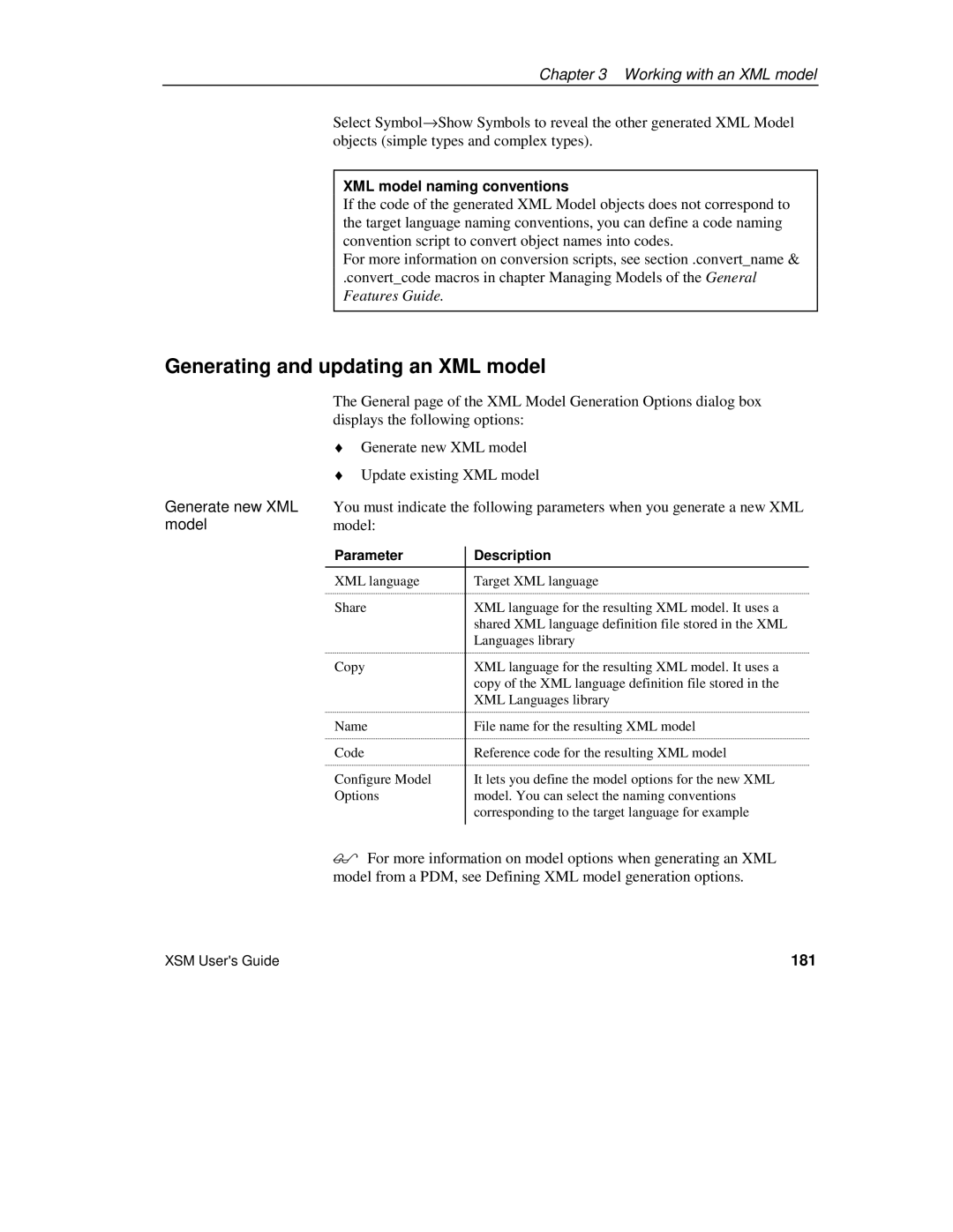 Sybase Generating and updating an XML model, XML model naming conventions, Generate new XML, 181, Parameter Description 