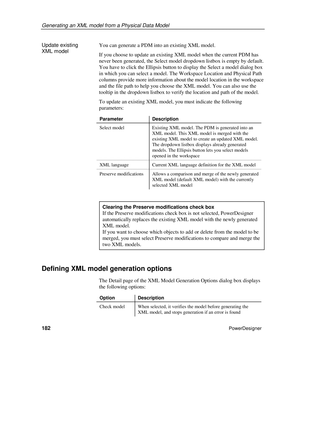 Sybase manual Defining XML model generation options, Update existing, Clearing the Preserve modifications check box, 182 