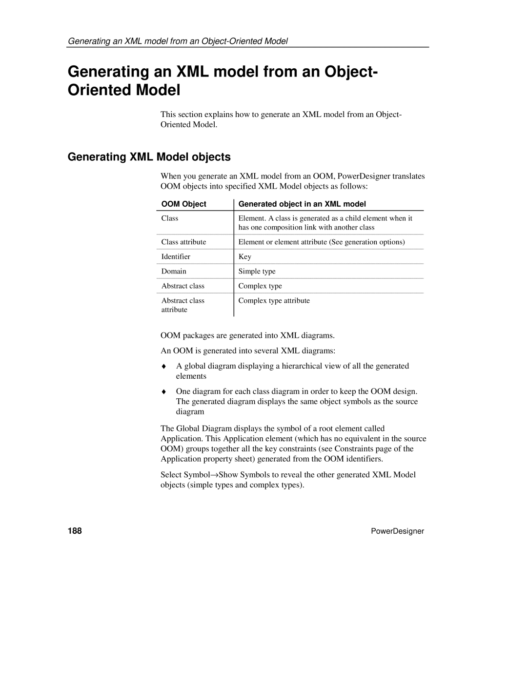 Sybase manual Generating an XML model from an Object- Oriented Model, 188, OOM Object Generated object in an XML model 