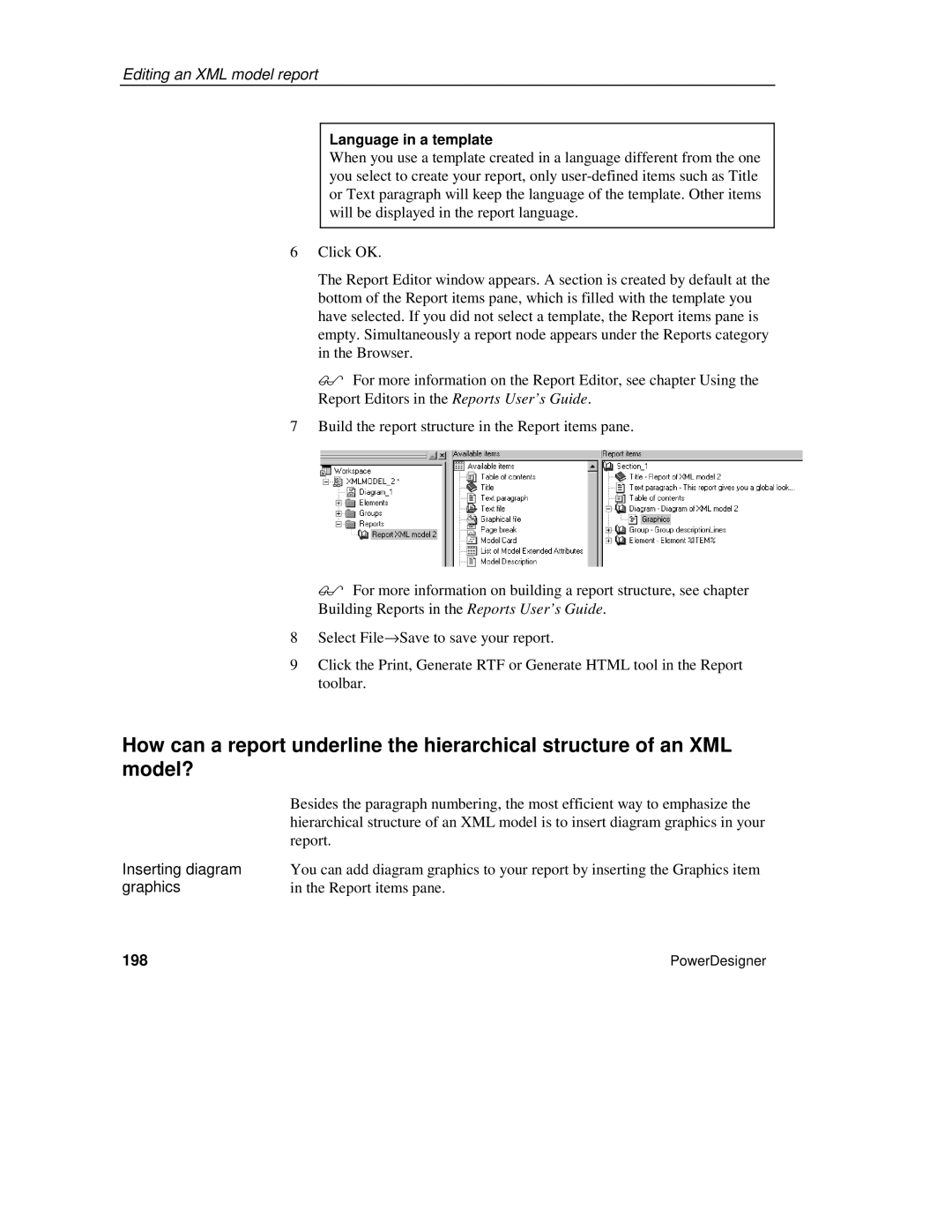 Sybase XML manual Language in a template, Inserting diagram, 198 