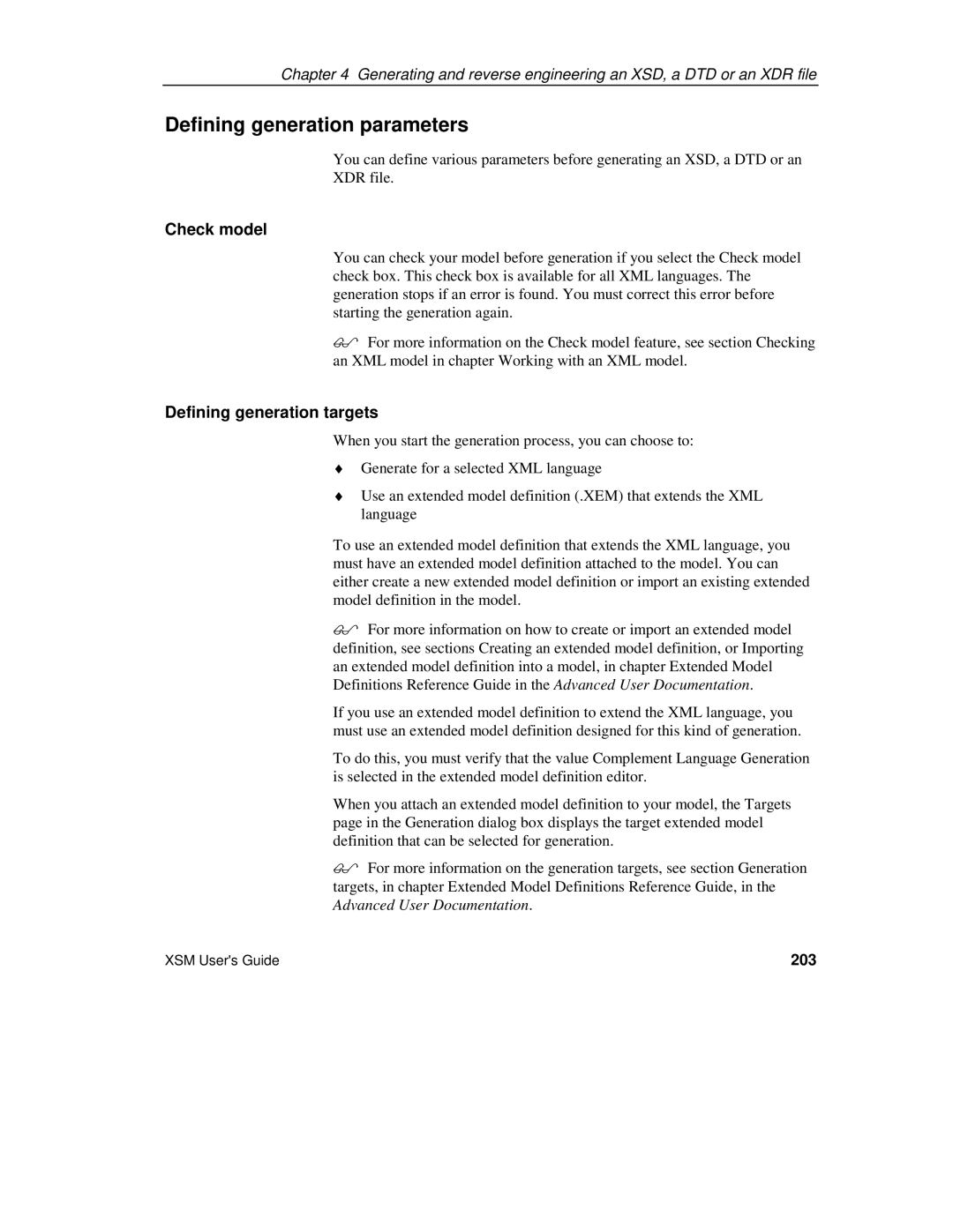 Sybase XML manual Defining generation parameters, Check model, Defining generation targets, 203 