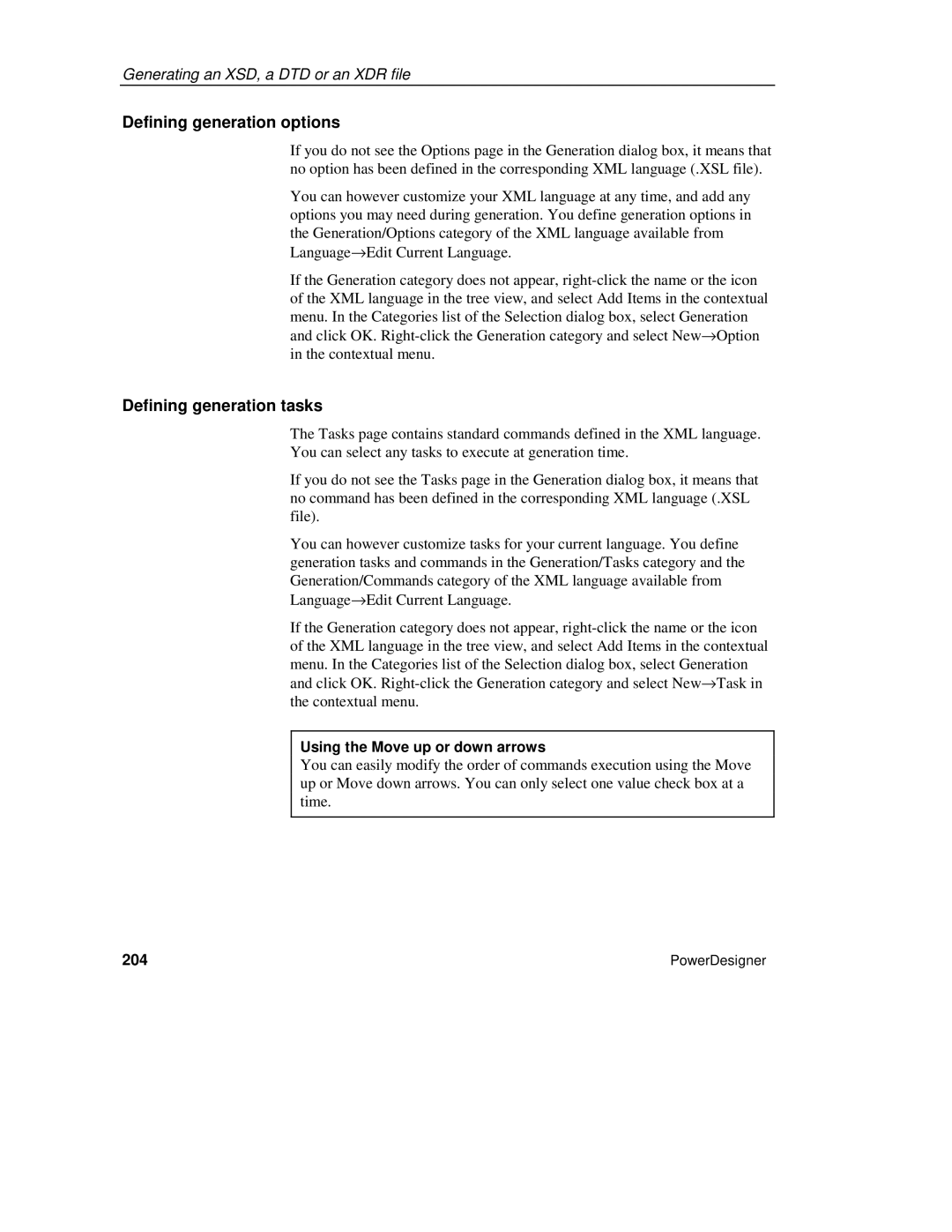 Sybase XML manual Defining generation options, Defining generation tasks, Using the Move up or down arrows, 204 