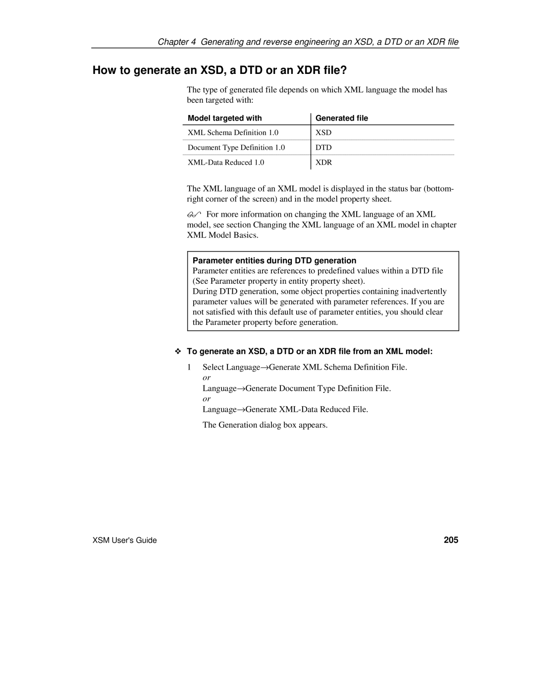 Sybase XML manual How to generate an XSD, a DTD or an XDR file?, Parameter entities during DTD generation, 205 