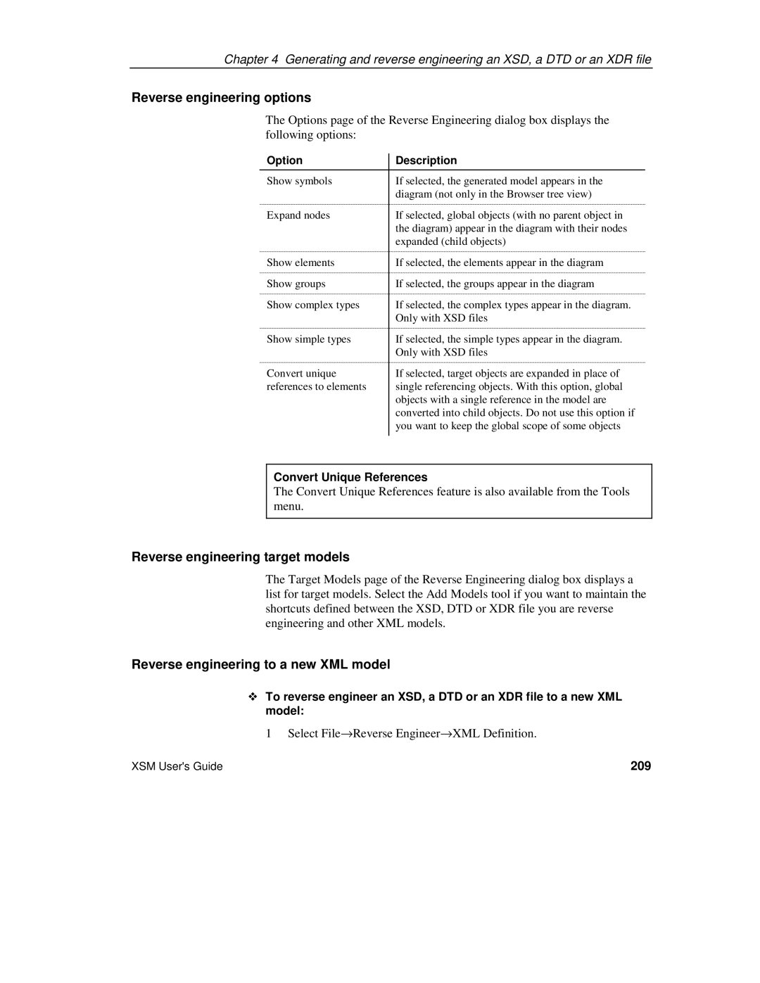 Sybase Reverse engineering options, Reverse engineering target models, Reverse engineering to a new XML model, 209 