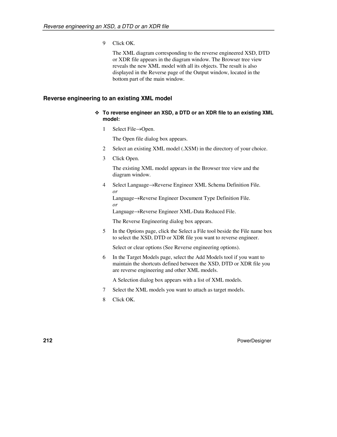 Sybase manual Reverse engineering to an existing XML model, 212 