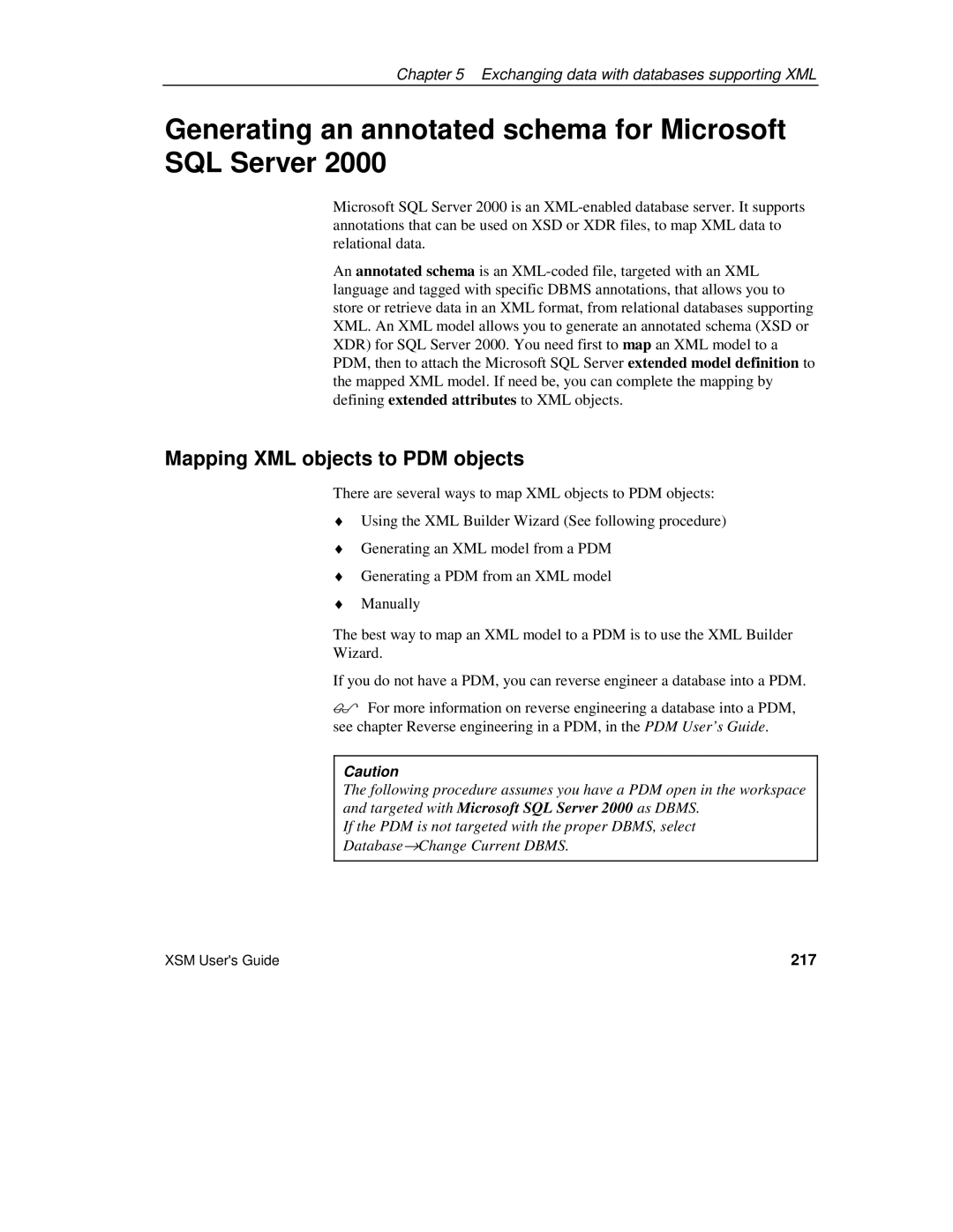 Sybase manual Generating an annotated schema for Microsoft SQL Server, Mapping XML objects to PDM objects, 217 