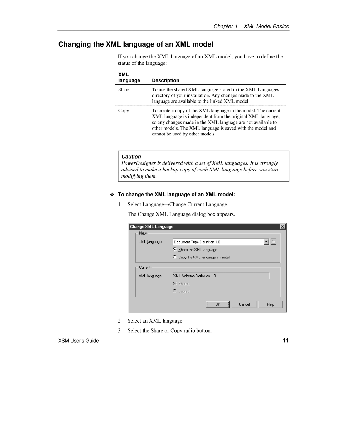 Sybase Changing the XML language of an XML model, ™ To change the XML language of an XML model, Language Description 