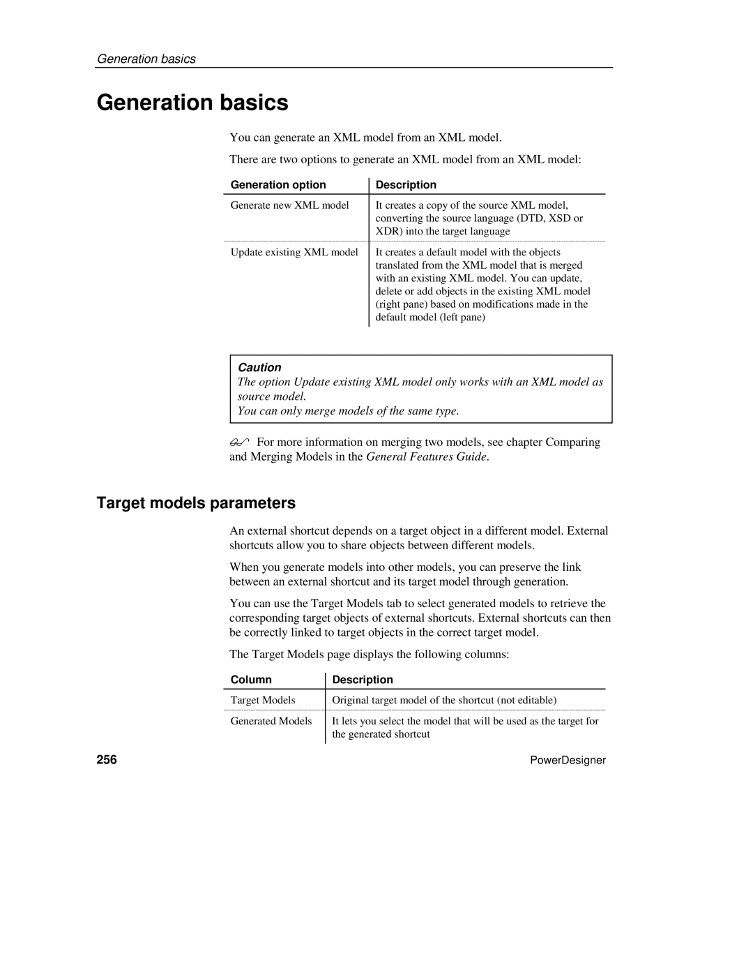 Sybase XML manual Generation basics, Target models parameters, 256, Generation option Description, Column Description 