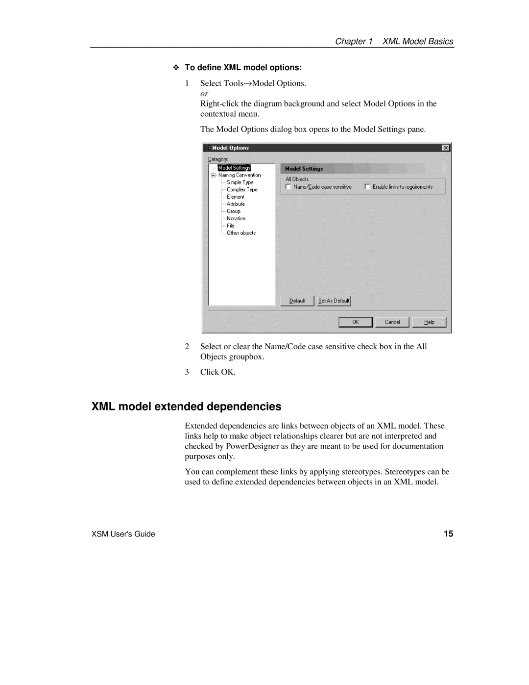 Sybase manual XML model extended dependencies, ™ To define XML model options 